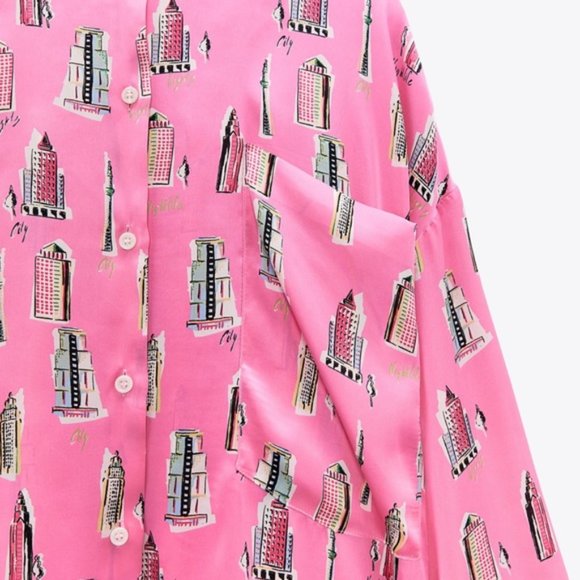 Zara Printed Buildings Nightlife Satin Shirt Pink - Picture 5 of 10